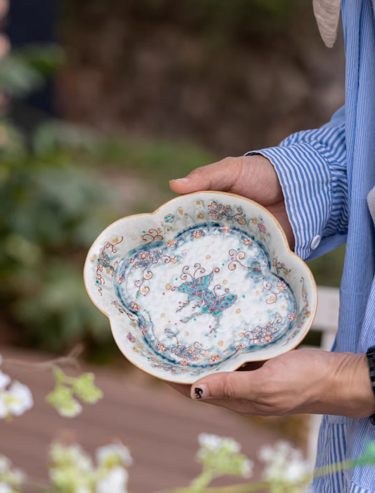 Over-Glaze Butterfly & Flower Begonia Tray – High-End Rustic Ceramic Plate