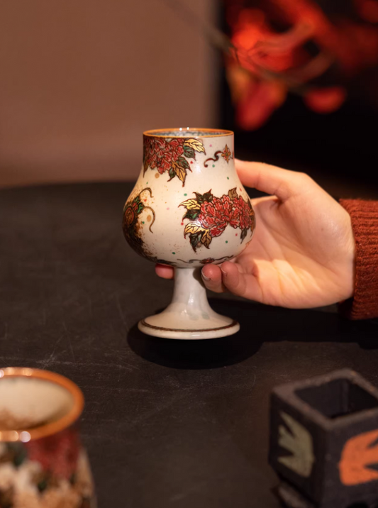 Over-Glaze Peony Footed Goblet & Fish Tail Cup – Unique Vintage Design