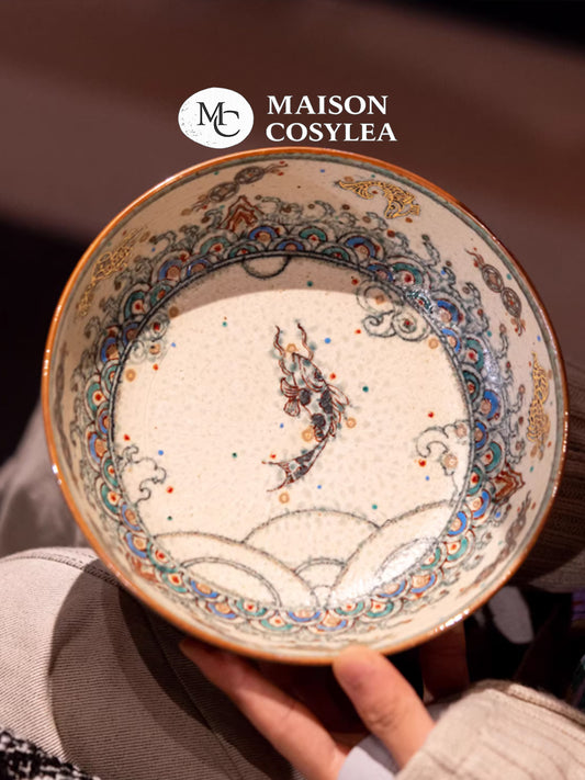 “Year After Year Fish” Round Bowl – Jingdezhen Hand-Painted Blue & Gold Dinnerware