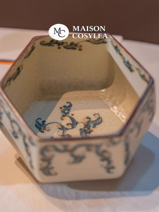 Blue & White Scrollwork Six-Sided Bowl – Jingdezhen Rustic Single-Serve Dinnerware
