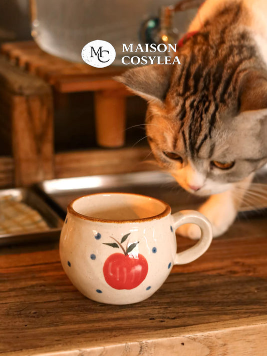 Vintage Rustic Hand-Shaped Painted Under-Glaze Ceramic Handle Coffee Cup