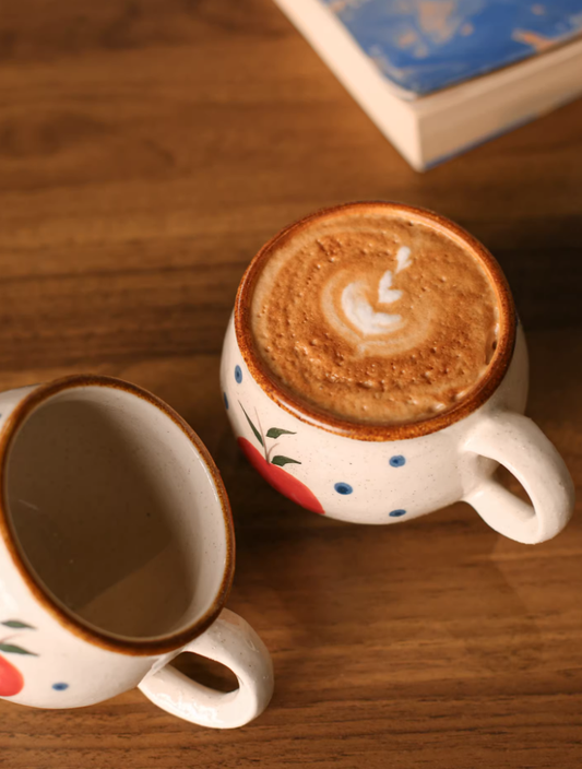 Vintage Rustic Hand-Shaped Painted Under-Glaze Ceramic Handle Coffee Cup