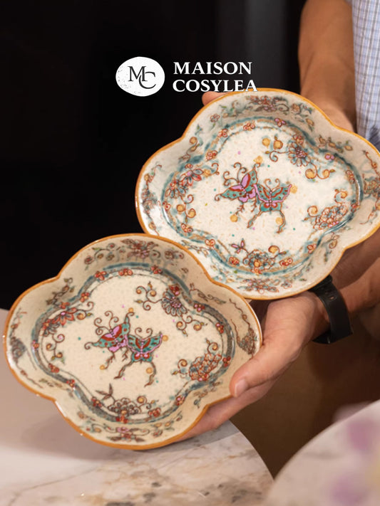 Over-Glaze Butterfly & Flower Begonia Tray – High-End Rustic Ceramic Plate